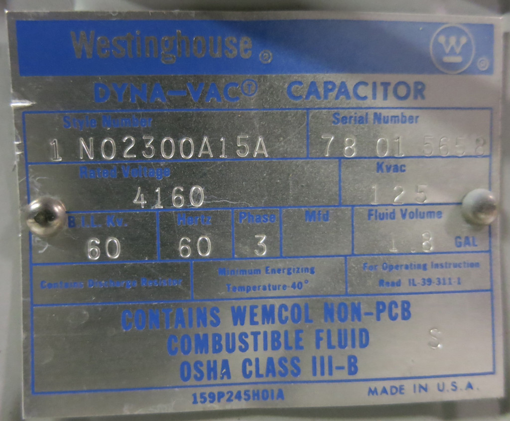 Westinghouse Dyna-VAC 1 N02300A15A 125kVAC 4160V 60kV Capacitor (GA0382-5)