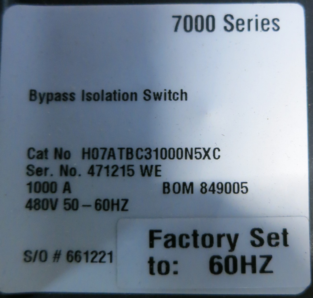 ASCO H07ATBC31000N5XC 1000 Amp 480V 4W 7000 Series Bypass Isolation Switch 1000A (GA0399-1)