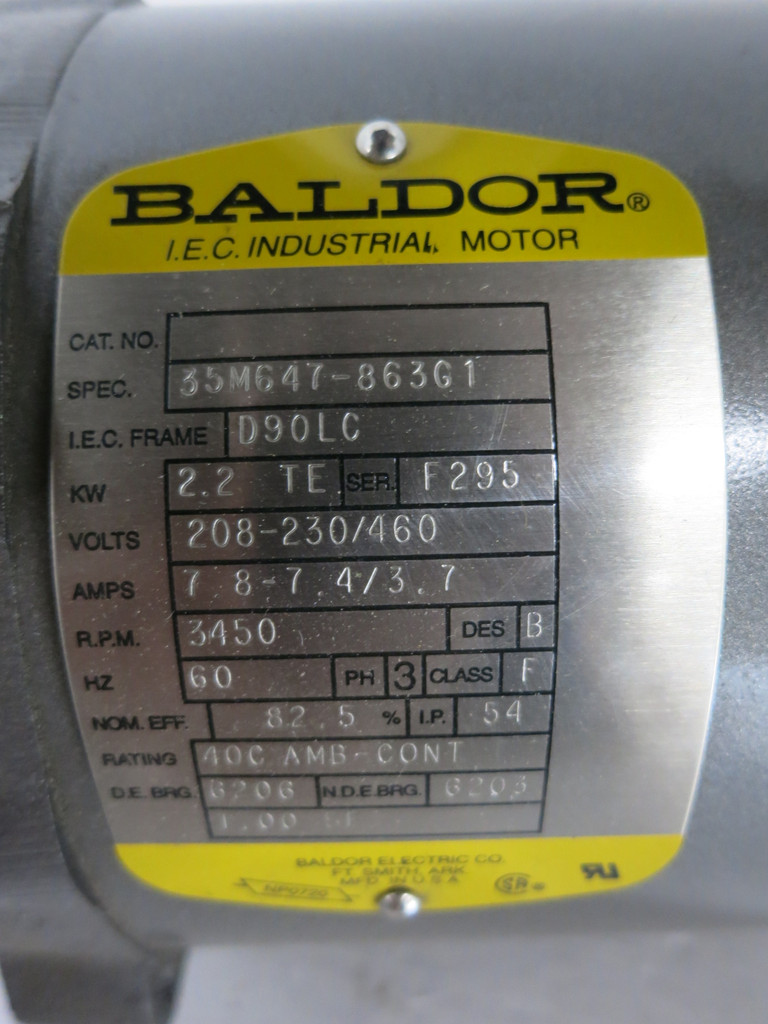 NEW Baldor 35M647-863G1 3HP Motor D90LC 2.2kW 208-230/460V 7.8-7.4/3.7A 3450RPM (DW2710-2)