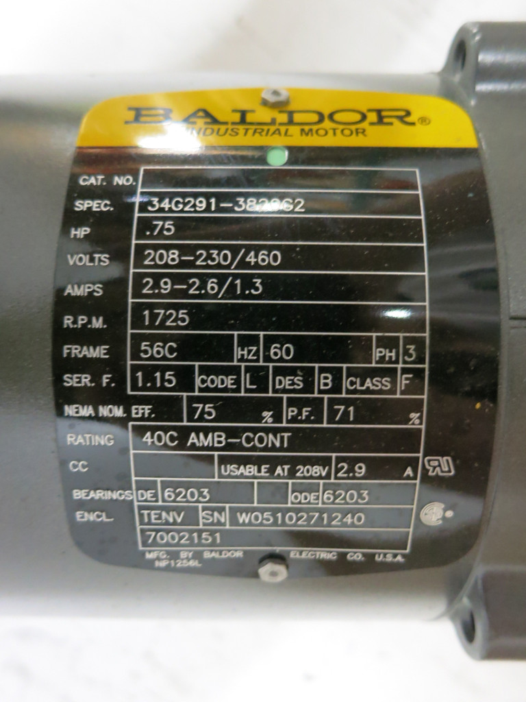 NEW Baldor 34G291-3820G2 0.75HP AC Motor 1725 RPM 208-230/460V 56C TENV 0.75 HP (DW2801-1)