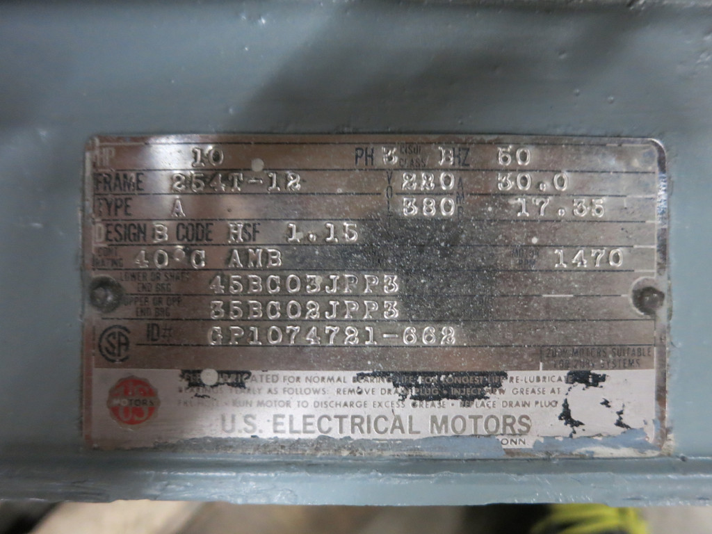US Electrical Motors 10HP 1470 RPM Frame 254T-12 3PH 220/380 V 30/17.35 A 10 HP (DW2851-1)