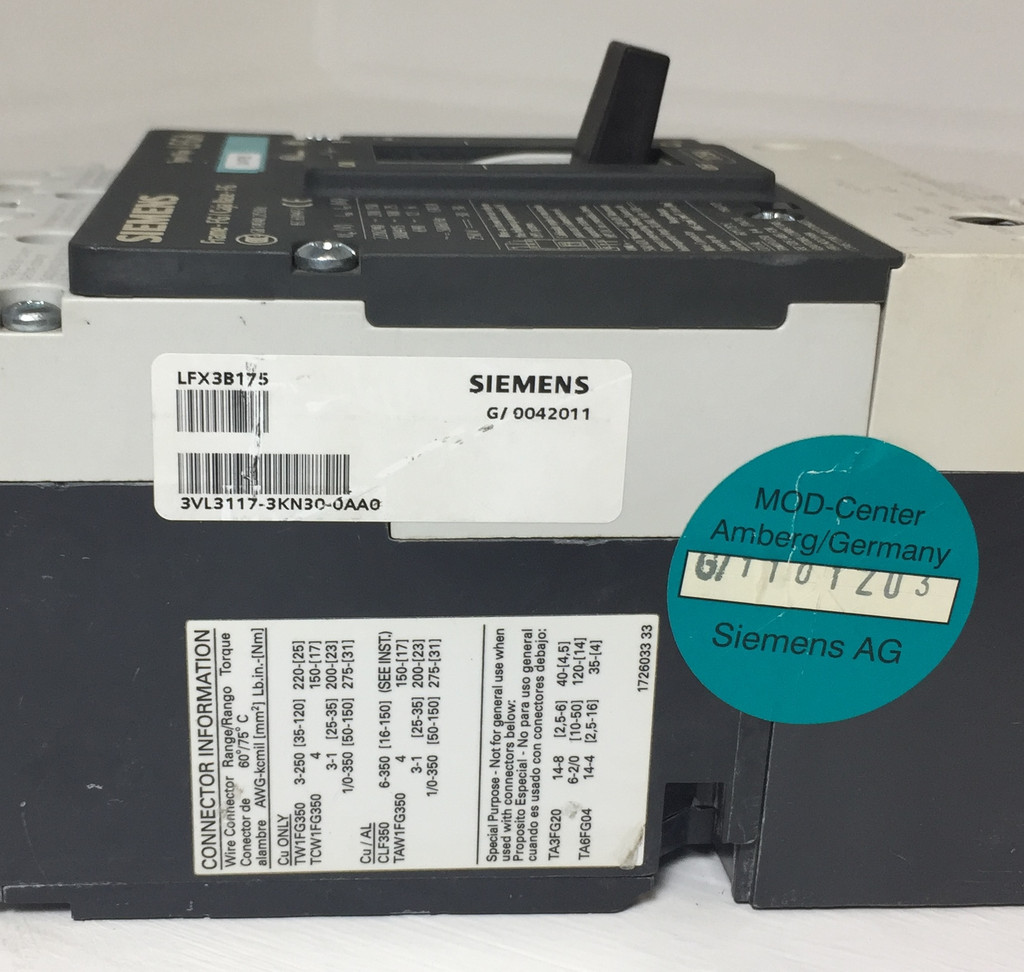 Siemens LFX3B175 175A Circuit Breaker Type LFGA Frame FG 480/600V 175 Amp HACR (EM4117-1)