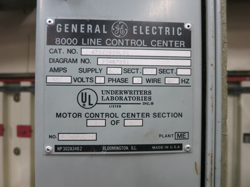 GE 8000 600/300 Amp 480V 3x Section Motor Control Center 600A 300A MCC 3PH 3W (DW2974-1)
