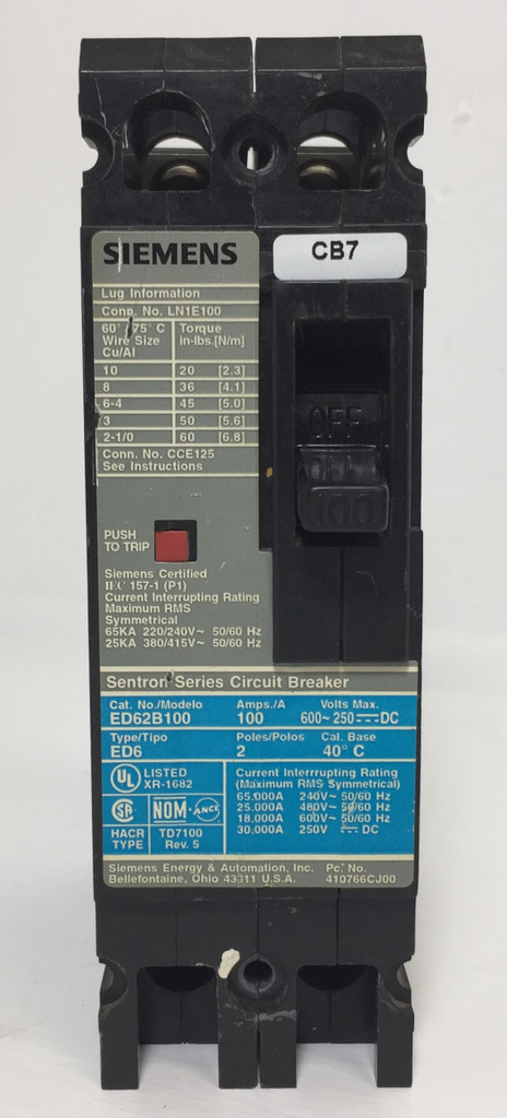 Siemens ED62B100 100A Sentron Circuit Breaker 2 Pole ED6 480/600V ITE 2P 100 Amp (EM4126-2)