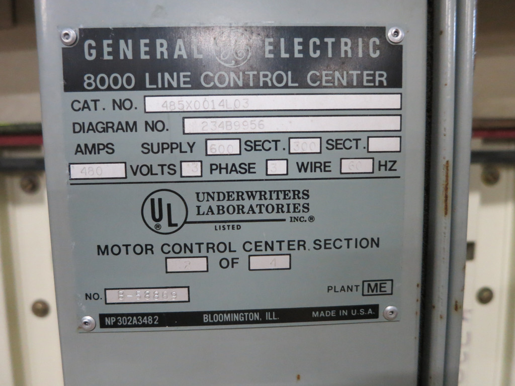 GE 8000 600/300 Amp 480V 4x Section Motor Control Center Main Line Breaker MCC (DW2975-1)