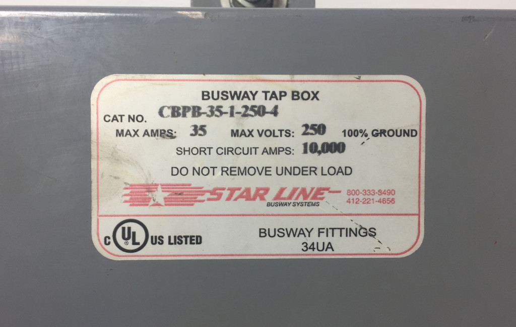 StarLine CBPB-35-1-250-4 35A Busway Tap Box 250 Volts Bus Plug 1P 35 Amp 34UA (EM4133-1)