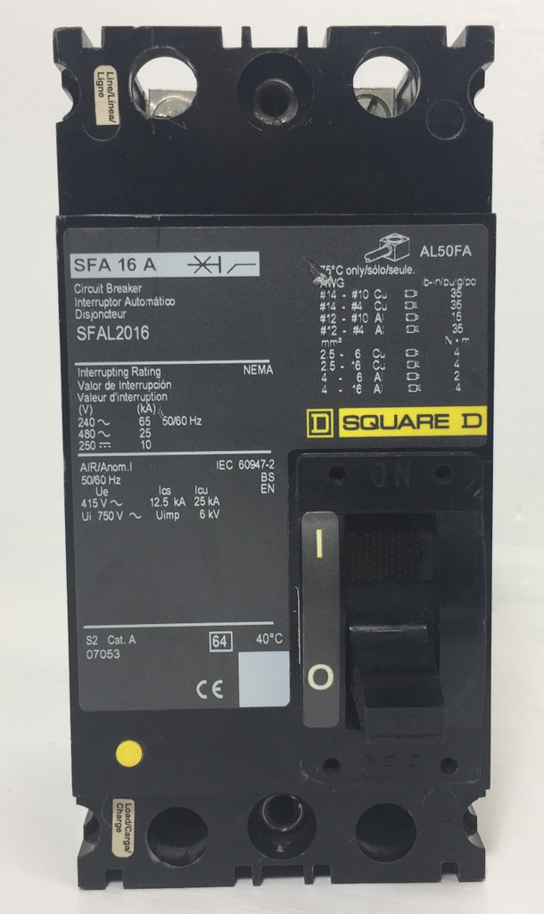 Square D SFAL2016 16A Circuit Breaker Black Label 480 VAC 2 Pole 16 Amp S2 2P (EM4137-1)