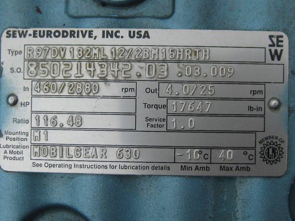 Sew Eurodrive R97DV132 1/7 HP Ratio:116.48 Gear Reducer (EBI3649-1)