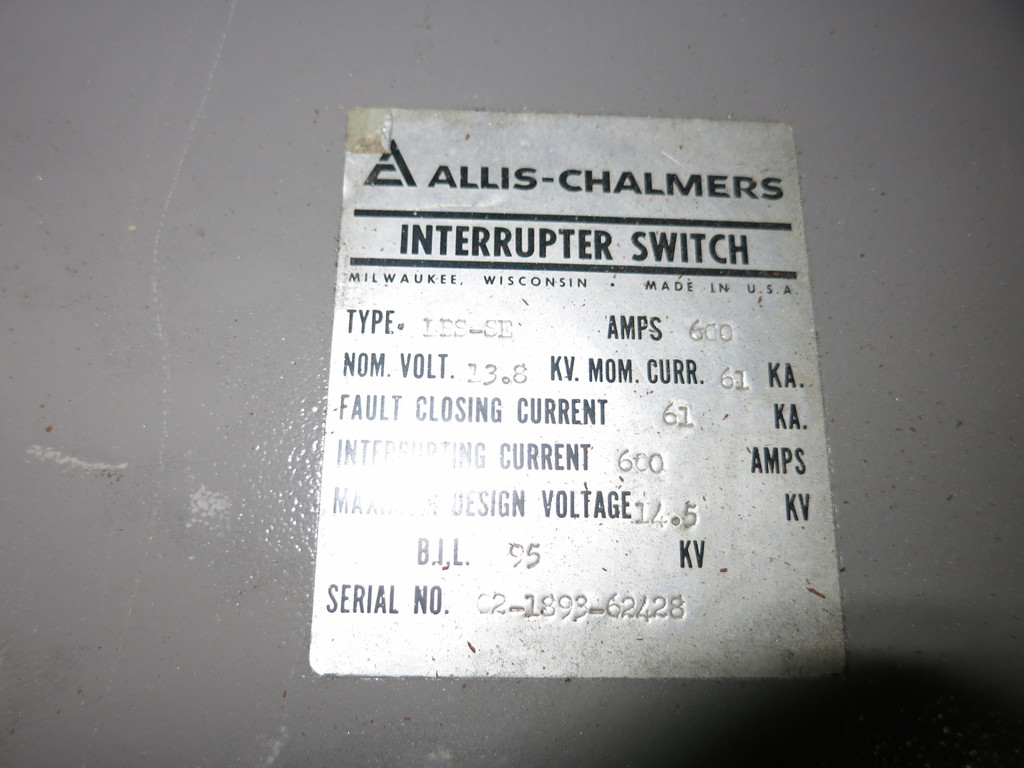 Allis-Chalmers 13.8 kV 600A Interrupter Switch Assembly for LBS-SE Model (GA0632-1)