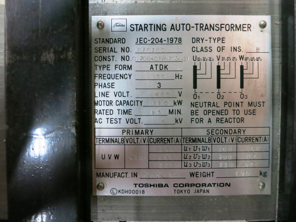 Toshiba Type ADTK 150HP Motor Starting Auto Transformer 3PH JEC-204-1978 110kW (DW3520-4)