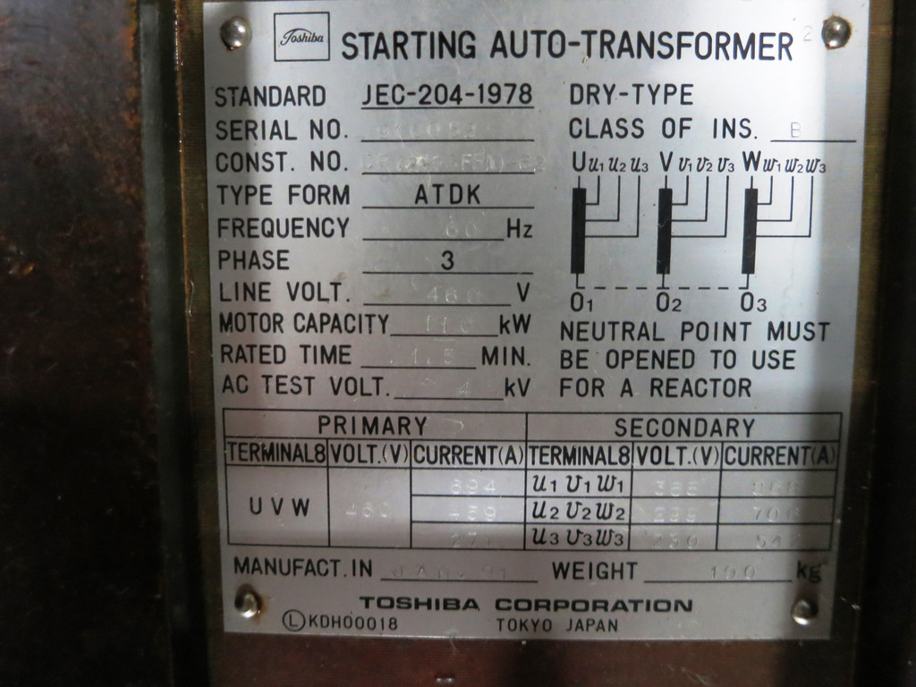Toshiba JEC-204-1978 150HP Motor Starting Auto Transformer 3PH Type ADTK 110kW (DW3521-3)