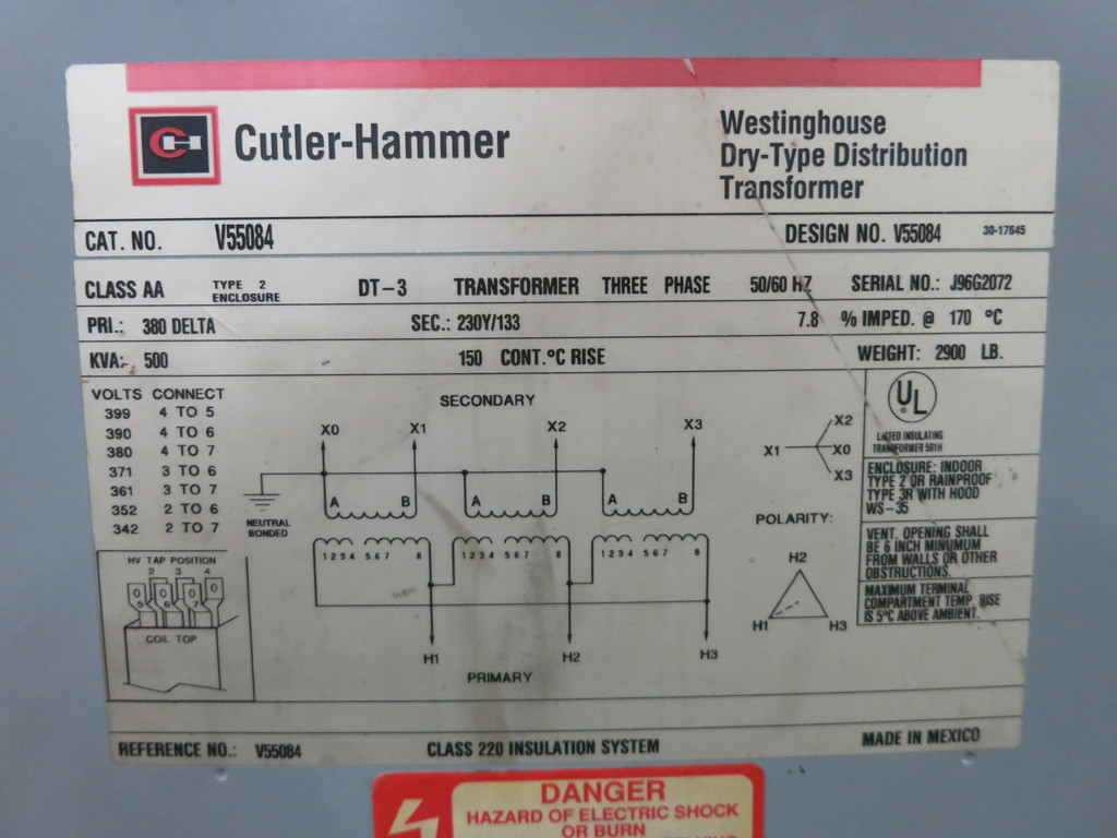 Cutler Hammer 500 kVA 380 Delta to 230Y/133 V 3PH Dry Type Transformer V55084 (DW3591-1)