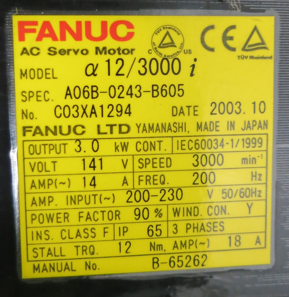 Fanuc a 12/3000i A06B-0243-B605 2000 RPM AC Servo Motor Pulsecoder a64iA (GA0710-5)