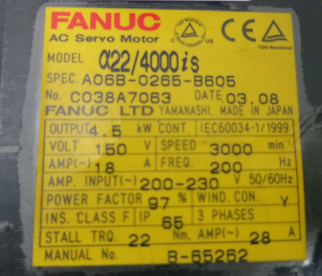 Fanuc a 22/4000iS A06B-0265-B605 3000 RPM AC Servo Motor Pulsecoder a64iA (GA0719-1)