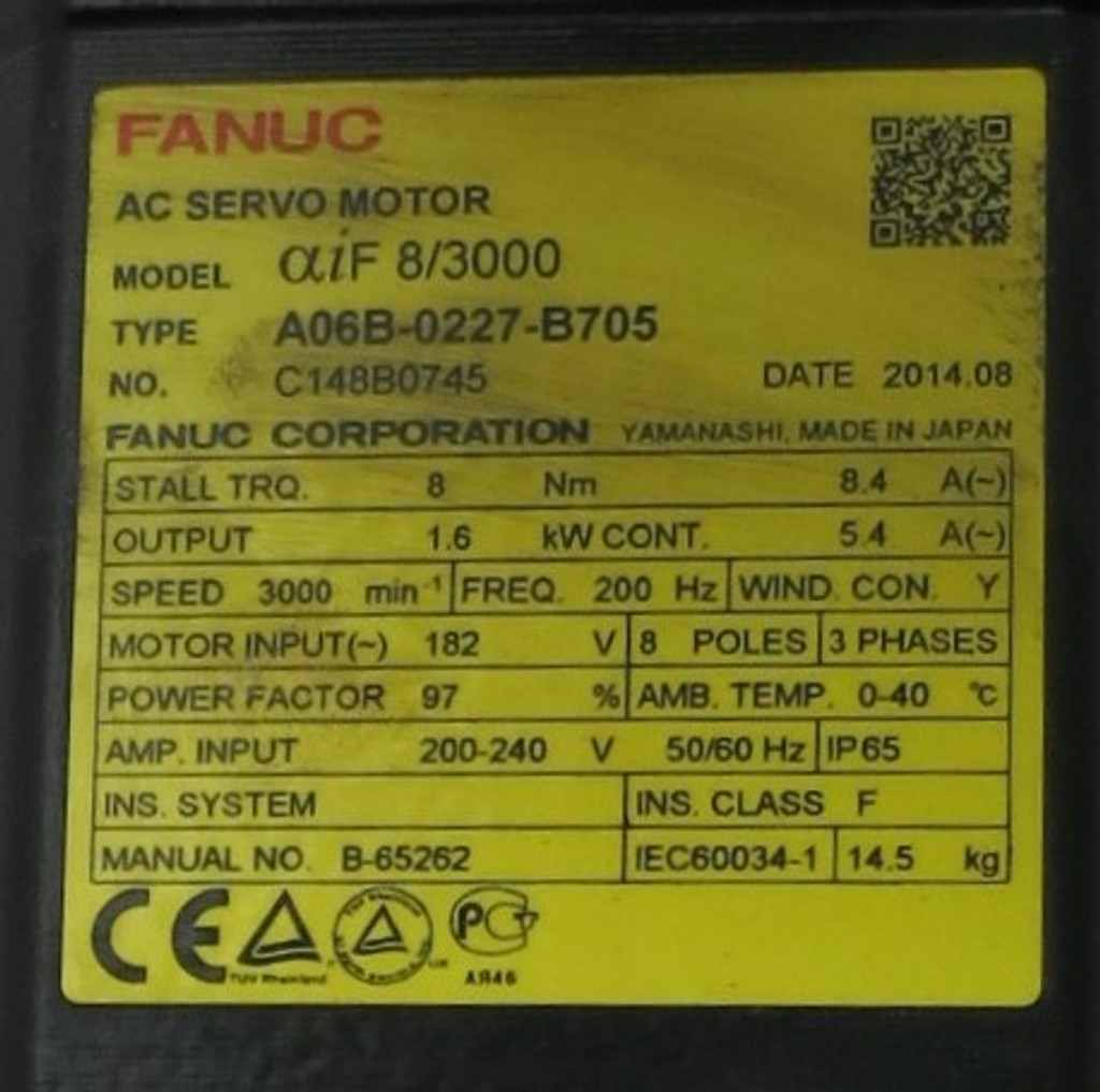 Fanuc aiF 8/3000 A06B-0227-B705 3000 RPM AC Servo Motor Pulsecoder aiAR128 (GA0716-4)