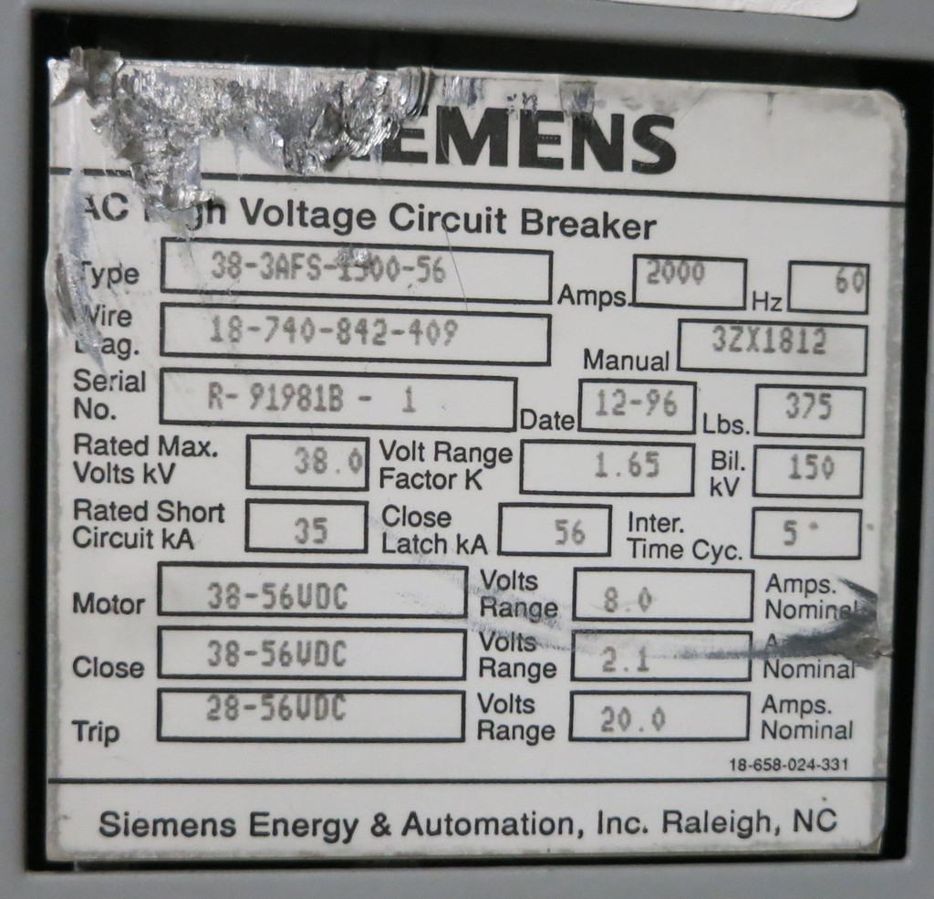 Siemens 2000A 38kV 38-3AFS-1500-56 56VDC AC High Voltage Vacuum Circuit Breaker (GA0731-2)