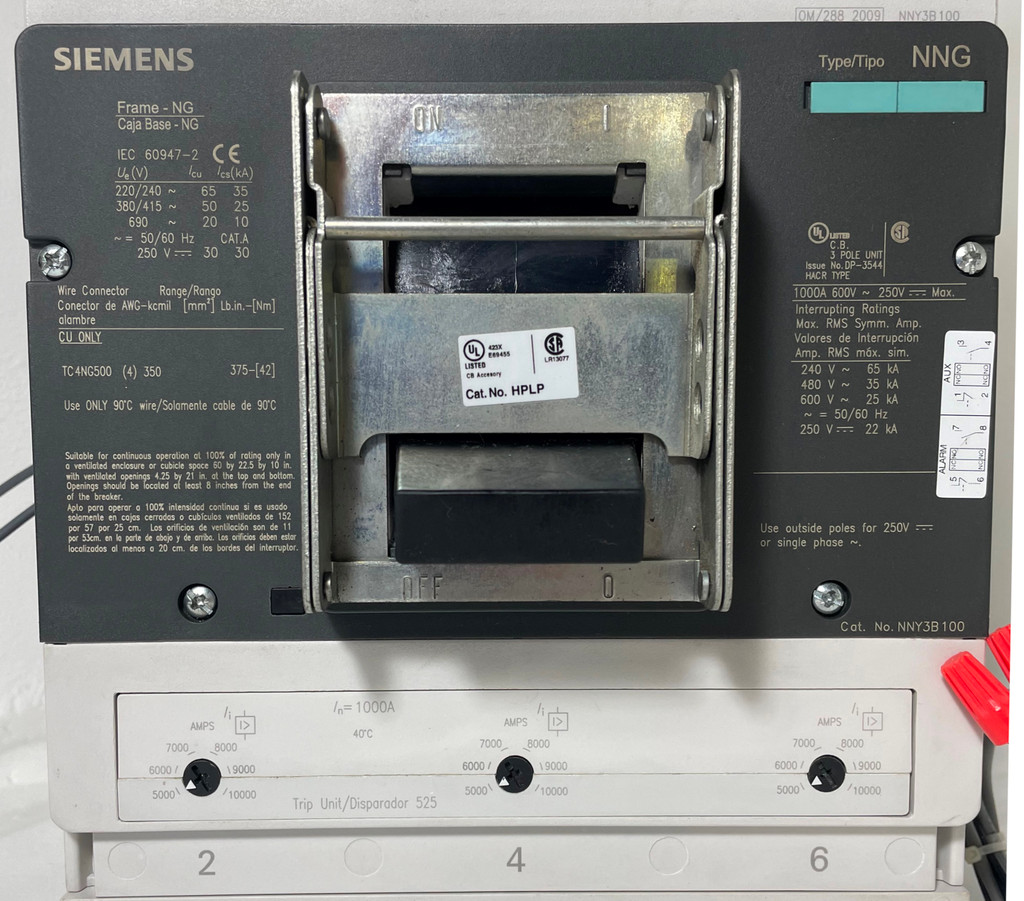 Siemens NNY3B100 1000A Circuit Breaker Type NNG w/ Aux & Alarm NG Frame 1000 Amp (EM4258-1)