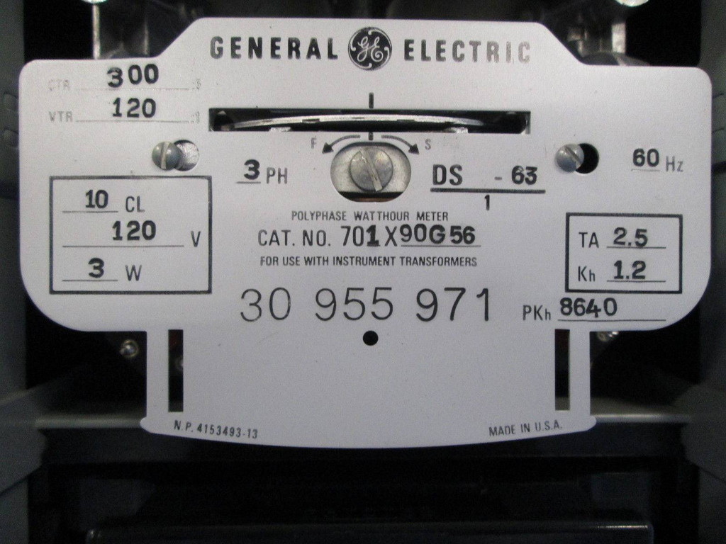 General Electric Polyphase Watthour Meter 3PH 701X90G56 Watt Hour Meter DS-63 3P (EBI2195-12)