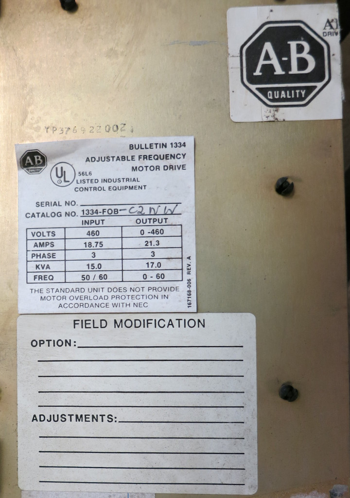 Allen Bradley Adjustable Frequency 5HP Motor Drive 1334-FOB 460V 21.3A 17kVA F0B (GA0743-2)