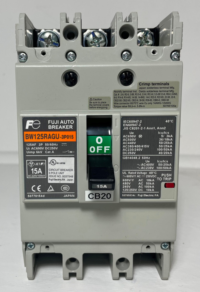 Fuji Electric BW125RAGU-3P015 125A Auto Circuit Breaker w/ 15 Amp Trip 3 Pole (EM4295-2)