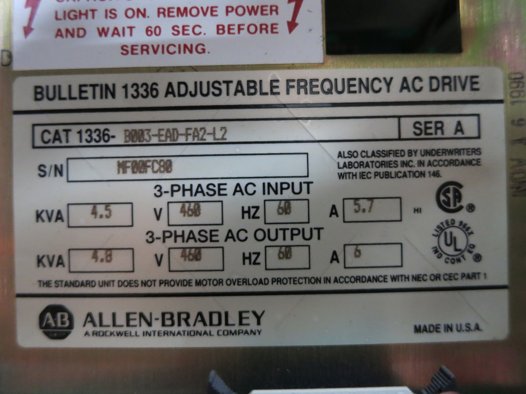 Allen Bradley 1336-B003-EAD-FA2-L2 3 HP 1336 AC VS Drive AB 3HP 4.8kVA 6A Ser A (DW3937-8)