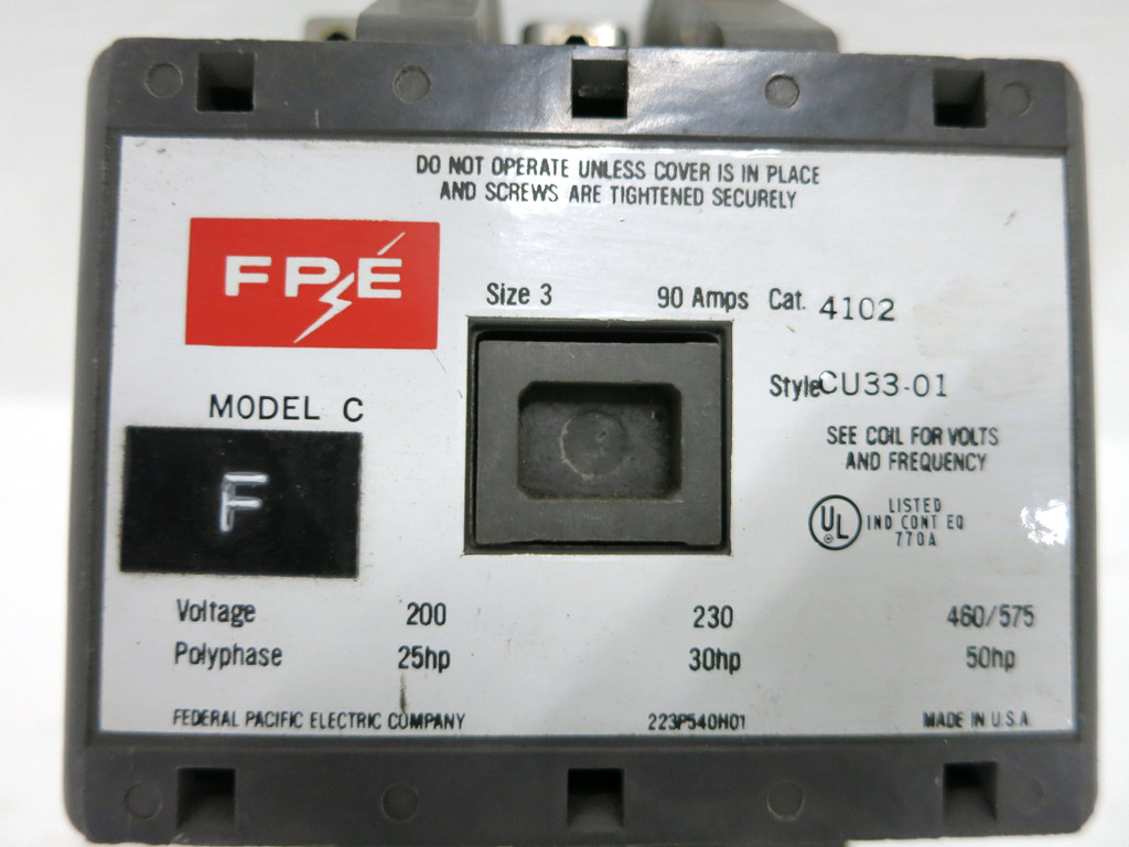 FPE 4102 CU33-01 Size 3 Motor Contactor 90A CU3301 Sz3 50 HP Federal Pacific (DW4006-1)