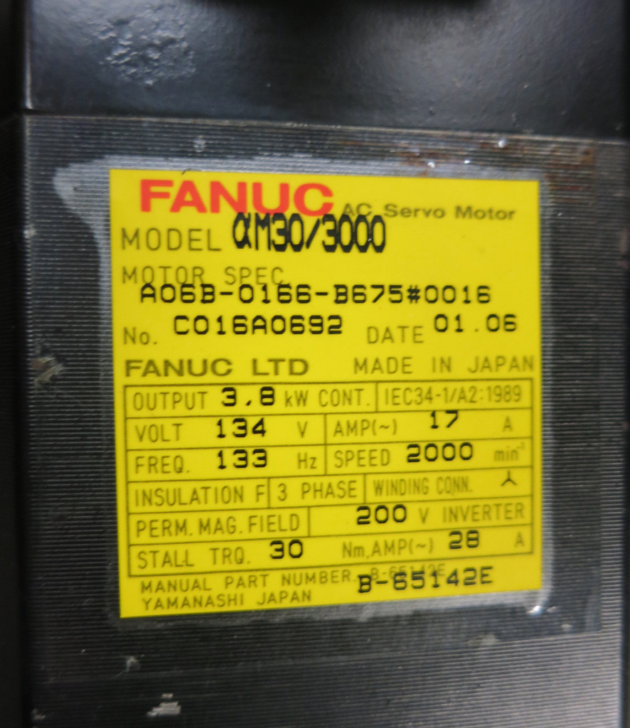 Fanuc am30/3000 A06B-0166-B675#0016 AC Servo Motor A06B0166B675#0016 2000 RPM (GA0876-1)