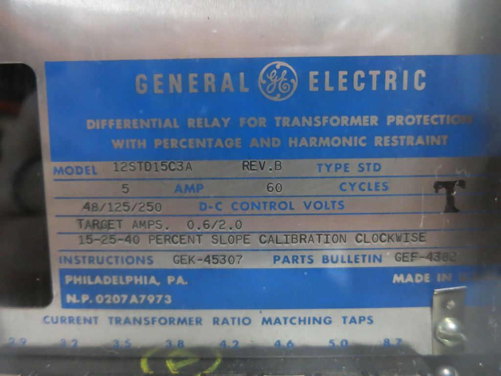 GE 12STD15C3A Rev B Differential Relay Transformer Protection Type STD 5A (DW4064-2)