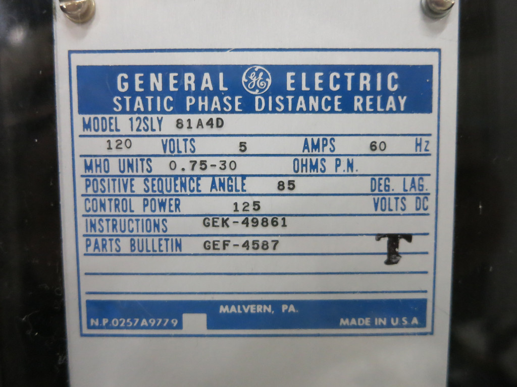 GE 12SLY81A4D Static Phase Distance Relay 120V 5A MHO Units 0.75-30 Ohms (DW4095-1)
