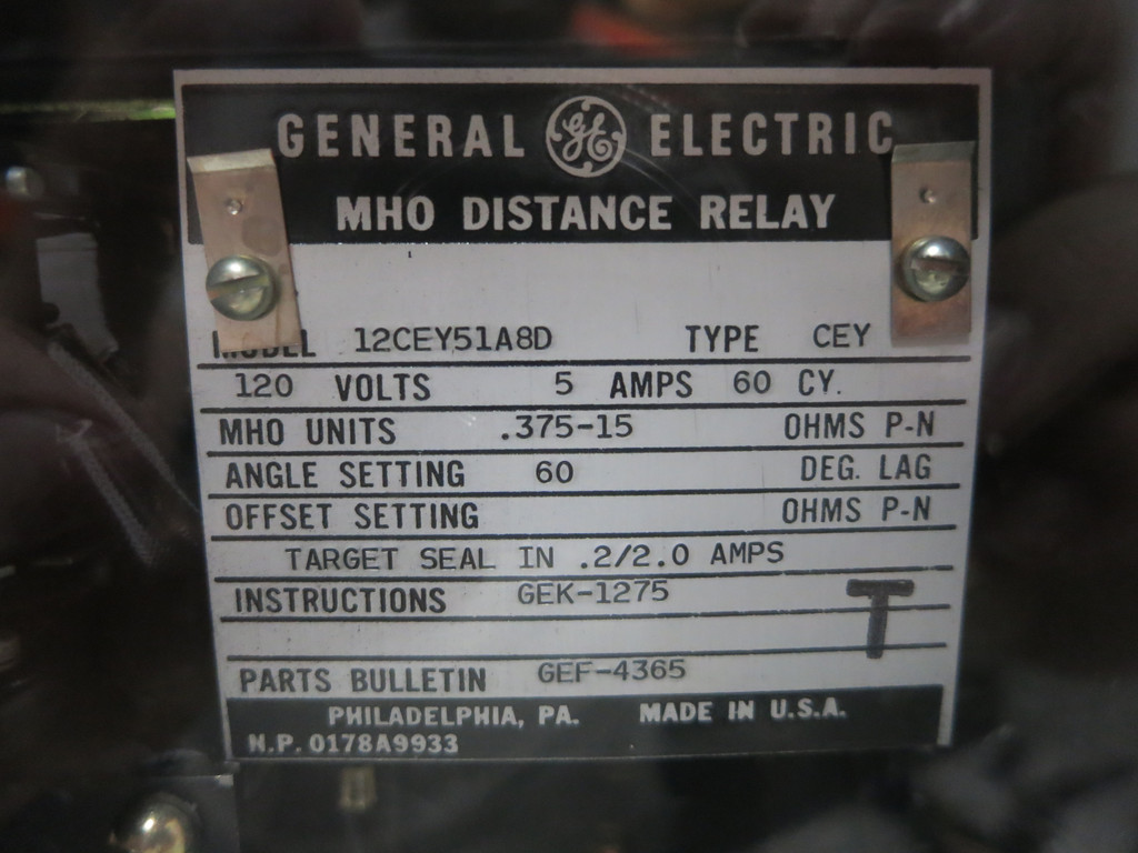 GE 12CEY51A8D MHO Distance Relay Type CEY 120V 5A .375-15 Ohms General Electric (DW4100-2)