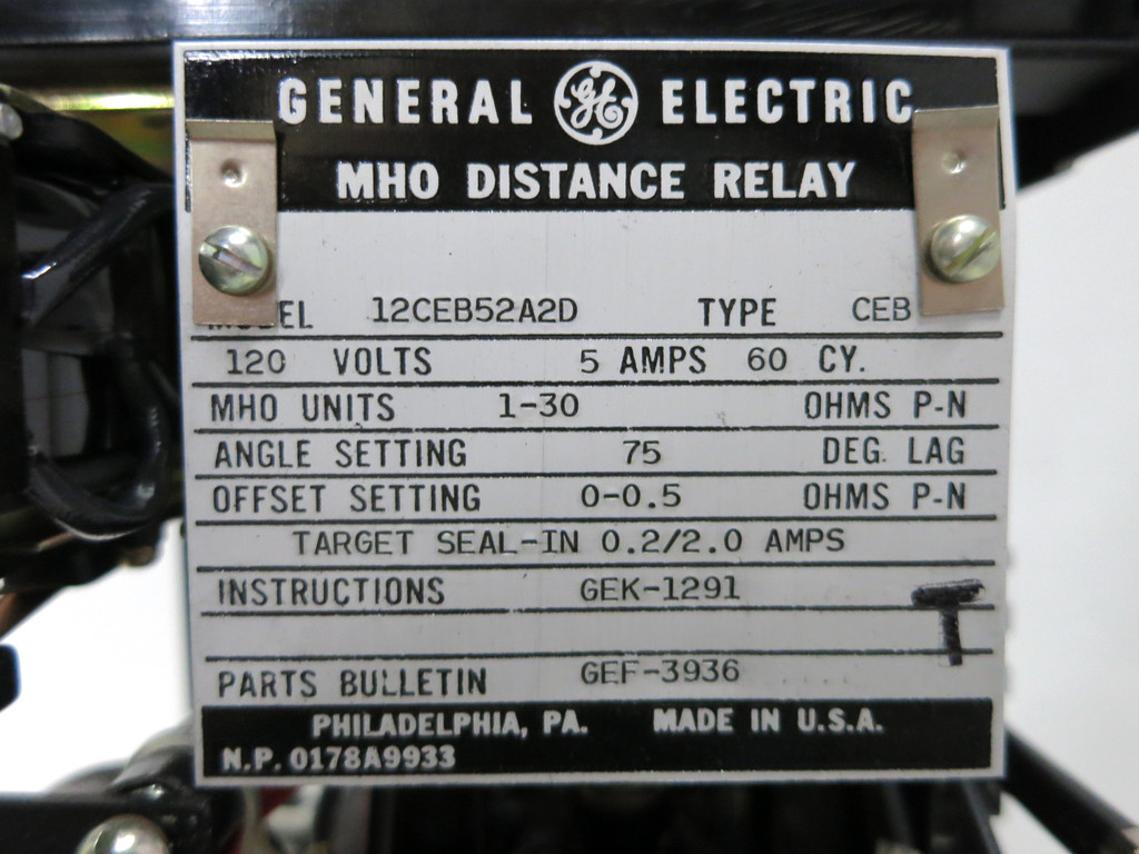 GE 12CEB52A2D MHO Distance Relay Type CEB 120V 5A MHO Units 1-30 Ohms No Case (DW4115-4)