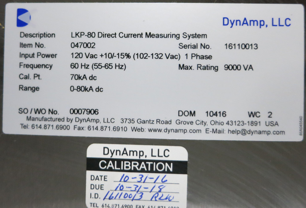 DynAmp LKP-80 Direct Current Measuring System 047002 Stainless Steel 80kA 9000VA (GA0915-1)