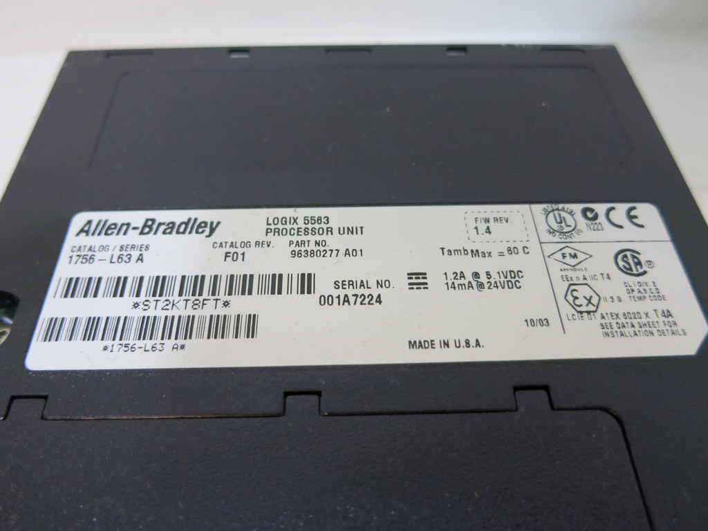 Allen Bradley 1756-L63 A F/W Rev 1.4 F01 Logix 5563 Processor Unit PLC 96380277 (GA0965-5)