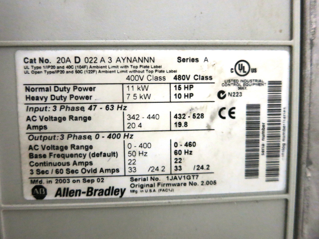 Allen Bradley 20AD022A3AYNANNN 15 HP PowerFlex 70 AC VS Drive 480V 15HP (DW4303-1)