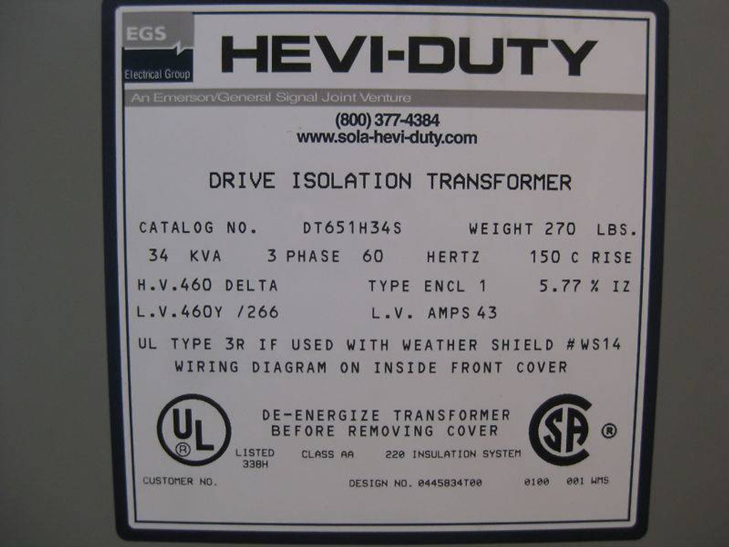 Hevi-Duty NEW DT651H34S 34 kVA Isolation Transformer 460 Delta/460 Y/266 NIB (EBI2379-5)