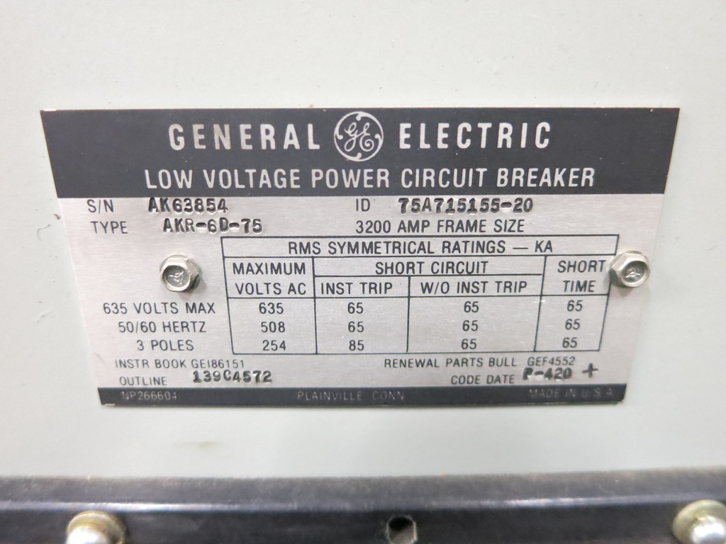GE AKR-6D-75 3200A MO Circuit Breaker RMS-9 LS Trip Unit TR4SX Plug 3200 Amp (DW4313-1)