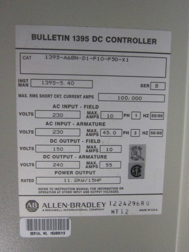 Allen Bradley 1395-A68N-D1-P10-P50-X1 15HP DC Controller Drive AB 11.2 kW Drive (EBI0212-1)