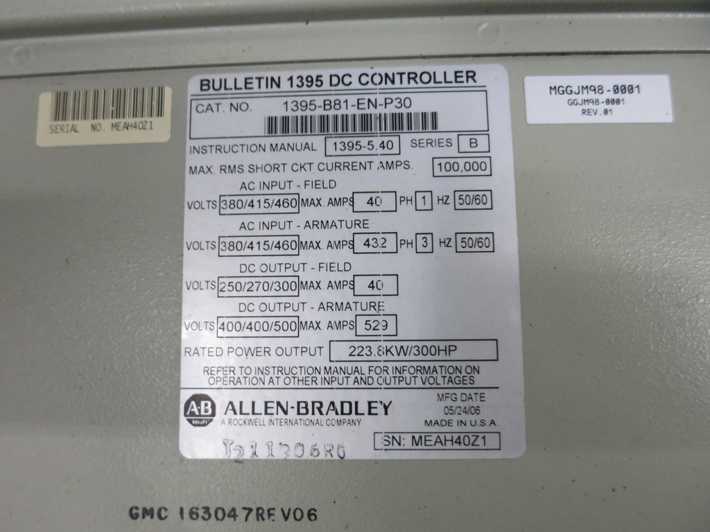 Allen Bradley 1395-B81-EN-P30 Ser B 300 HP / 223.8 kW DC Controller Drive AB (GA1061-2)