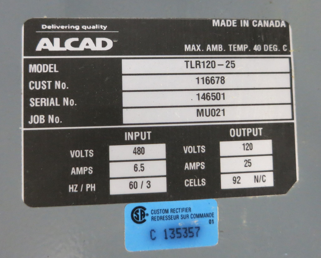 Alcad TLR120-25 25 Amp Battery Charger 480V In 120V Out 25A 92 N/C Cells (GA1065-1)