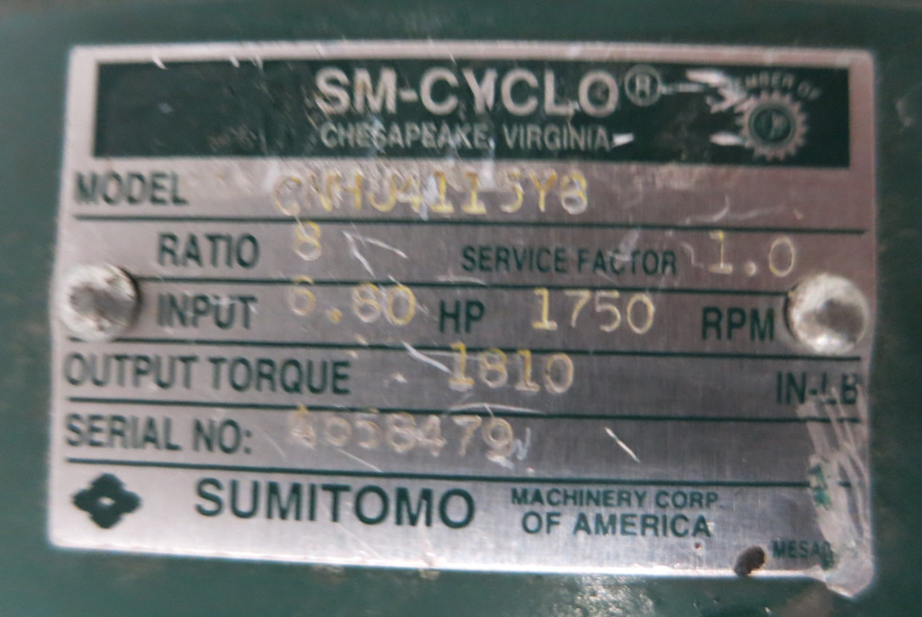 Sumitomo SM-Cyclo Reducer CNHJ4115Y8 Ratio 8 Gear Drive 6.80HP 1750 RPM RMG 2 (GA1087-1)