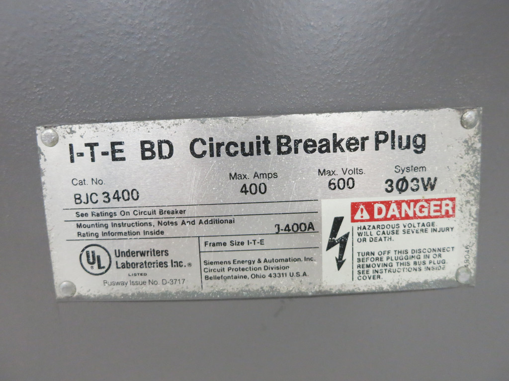 ITE BJC3400 400A 600V BD Circuit Breaker Bus Plug 3PH 3W 400 Amp JD63F400 Gould (DW4471-1)