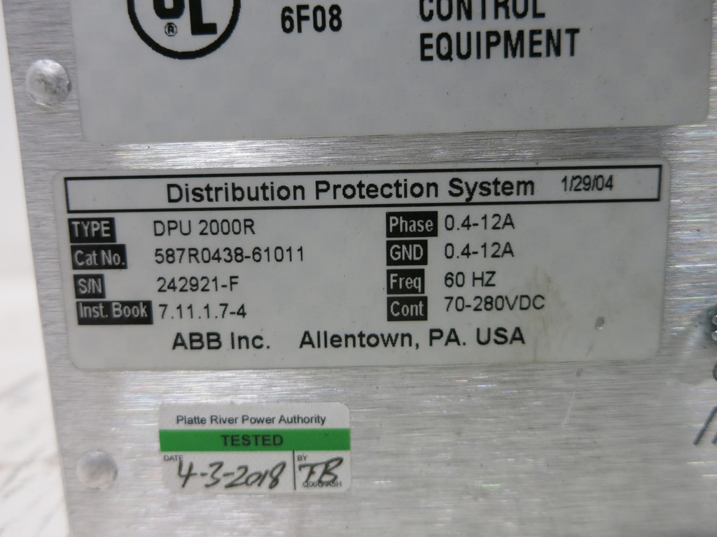 ABB DPU-2000R 587R0438-61011 Distribution Protection System DPU200R (DW4498-3)