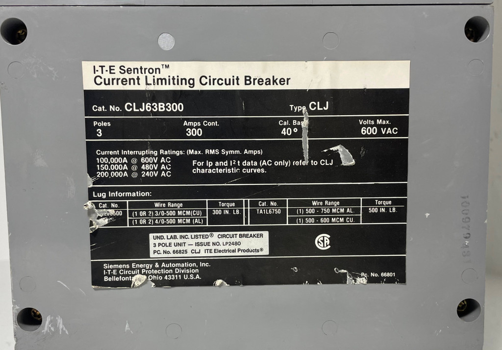 Siemens CLJ63B300 300A Current Limiting Circuit Breaker Type CLJ 3P ITE 300 Amp (EM4424-1)