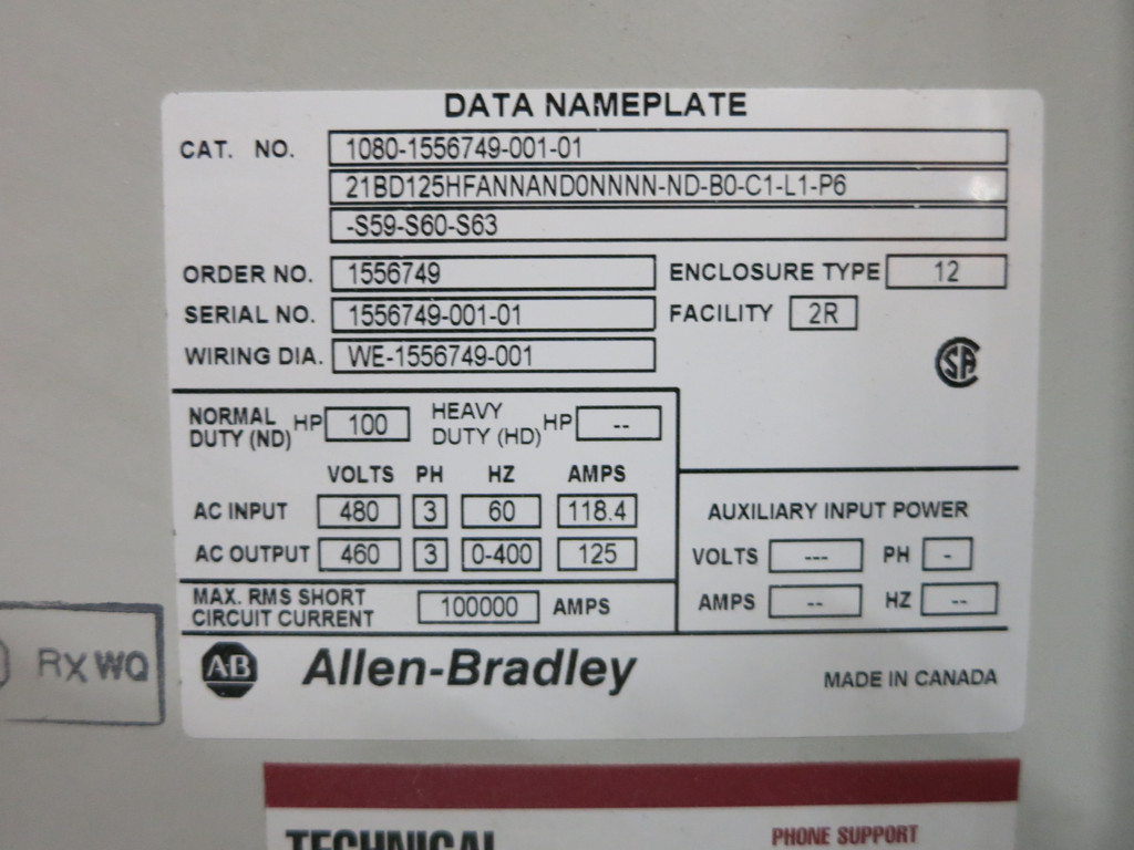 Allen Bradley 20BD125A0ANNAND0 100 HP PowerFlex 700 VS Drive 480V 75HP 125A (DW4648-1)