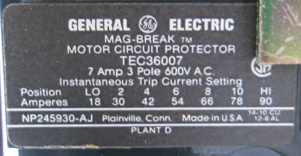 GE 8000 7A TEC Breaker Size 1 Starter 12" MCC Bucket TEC CR306C0**AAVA MCC 7 Amp (BJ0120-1)