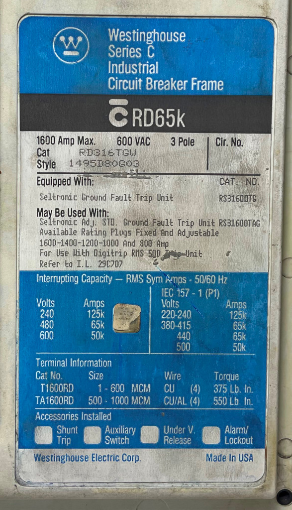 CH Westinghouse RD316TGW 1600A Circuit Breaker w/ 800 Amp Plug & Ground 3P RD (EM4521-1)
