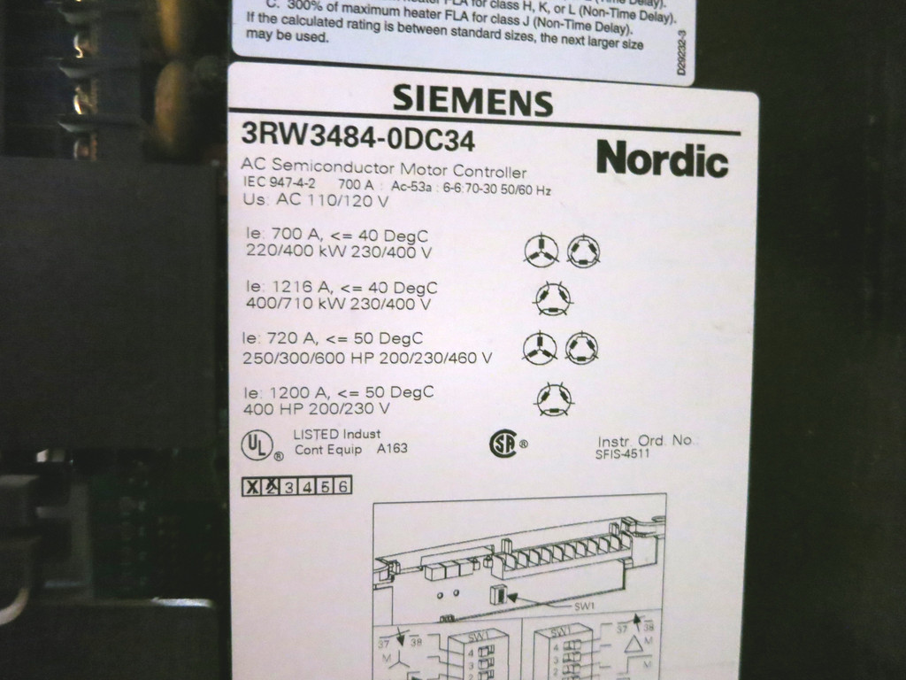 Siemens 3RW3484-0DC34 600 HP Sikostart AC Motor Control Soft Starter 600HP 460V (DW4809-1)