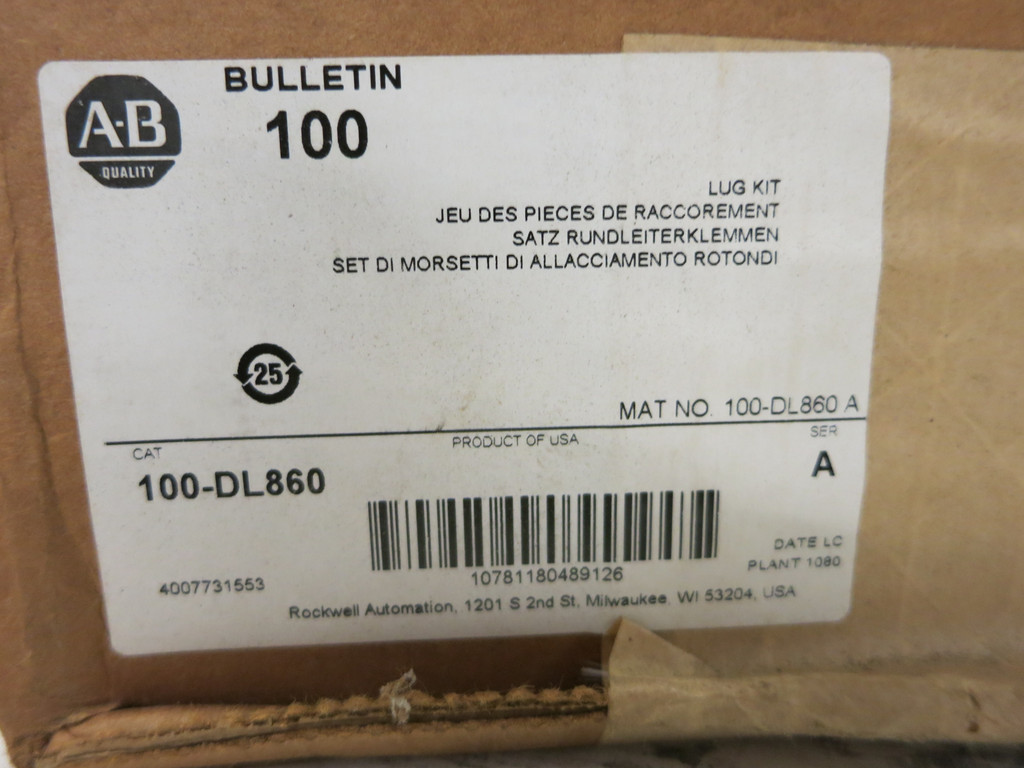 NEW Allen Bradley 100-DL860 Lug Kit 2/0-500 MCM 40798-098 4 Wire (BOX OF 3) (DW4848-2)