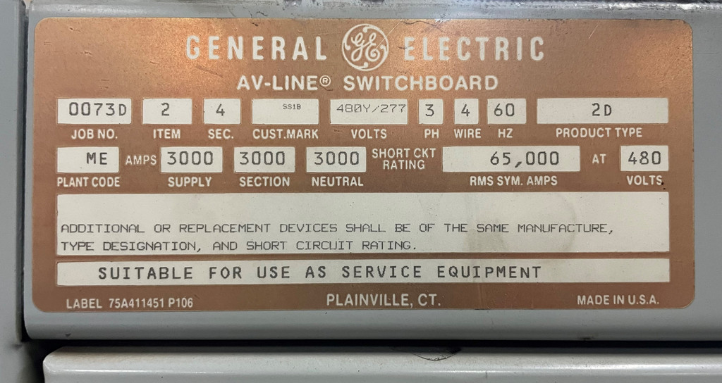 GE 13.8 kV to 480Y/277 V 4W Switchgear Lineup w 3000A Main w Branch Breakers 480 (PM3210-1)