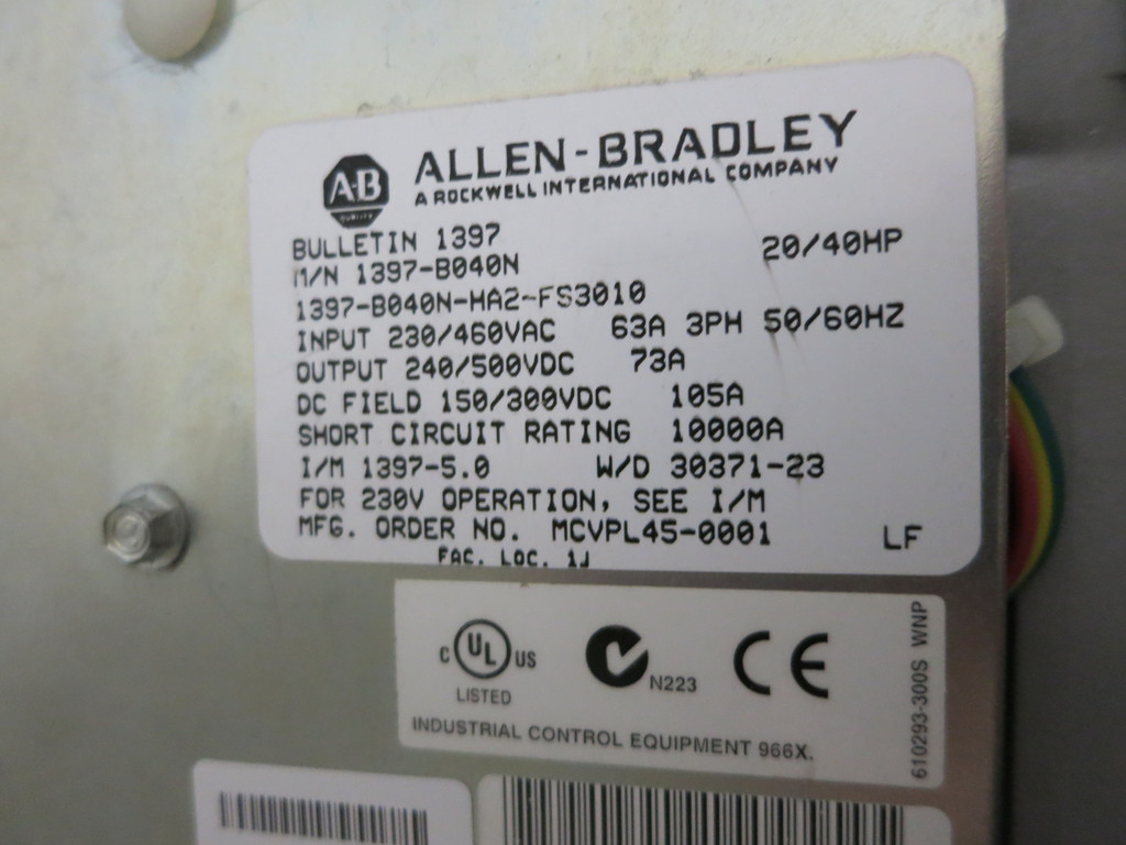 Allen Bradley 1397-B040N-HA2 20/40 HP DC Drive FS3010 230/460 - 240/500 73A (DW5144-1)